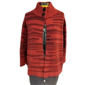 Chicos Red Black Cardigan Sweater Size 3 = 16 XL Chunky 3 Snap Acrylic Wool Cozy
